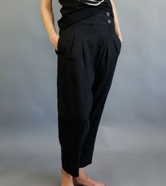 Dear Ladies, these amazing linen pants take elegance and comfort on a totally new level! Be sure, if any pair of pants will ever make you happy - these linen harem pants are definitely your sure strike. All the morning struggles and questions what to wear will leave your mind, since these pants will become your absolute champion! Slightly tapered linen pants have two side pockets and two big and beautiful buttons closure in the front. These yoga harem pants has wide range of colors, so I am sure Baggy High Waist Linen Wide Leg Pants, High Waist Linen Pants With Relaxed Fit, Black Linen Wide Leg Ankle-length Pants, Black Linen Ankle-length Wide Leg Pants, Black Linen Tapered Leg Bottoms, Black Ankle-length Linen Wide Leg Pants, Black Linen Ankle-length Bottoms, Black Linen Ankle-length Pants, High Waist Black Linen Wide Leg Pants