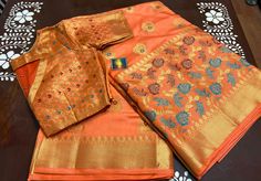 This is a beautiful Light weight Banarasi silk saree with designer stitched blouse. This saree would be worn for almost any occasion such as birthday party to evening gatherings. Color of the saree is Peach 🍑 with border floral thread weaving with all over floral zari butta. Blouse is perfectly stitched and designed and can fit to size 34-46inches Chest. Ships immediately. Designer Festive Blouse Piece For Diwali, Designer Festive Blouse For Diwali, Designer Pre-draped Saree With Unstitched Blouse For Festivals, Orange Blouse Piece With Motifs In Traditional Drape, Designer Saree Blouse Piece For Festivals, Designer Paithani Silk Blouse Piece With Motifs, Orange Motif Blouse Piece For Diwali, Orange Blouse Piece With Motifs For Puja, Orange Blouse Piece With Motifs For Festivals