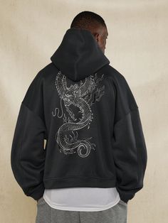 Overhead Crop Fit Half Zip Hoodie With Back Dragon Graphic Print Grey Casual  Long Sleeve Knitted Fabric Animal,Letter  Slight Stretch  Men Clothing, size features are:Bust: ,Length: ,Sleeve Length: Bleached Hoodie, Bleach Hoodie, Man's Overcoat, Dragon Graphic, Dragon Hoodie, Half Zip Hoodie, Drawstring Hoodie, Kids Sleepwear, Inspiration Mode