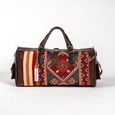 Artihandmade™ Leather Bag Are you looking for a fashion and trendy travel bag, for travelers who apreciate craftsmanship and handmade design. This kilim bag is a Must-Have for your outgoing trips due to the creative kilim patterns and high quality materials. We offer you a unique and light bag with real leather hand-dyed tanned you will certainly be in harmony with the cool and natural look. Easy to carry for Clothing-Traveling and Sports , With Two Side Pockets And Two In Interior For Accessori Trendy Travel Bags, Travel Duffel Bag, Kilim Pattern, Kilim Bag, Picnic Bag, Leather Artisan, Travel Duffel, Duffel Bag Travel, Dark Brown Leather