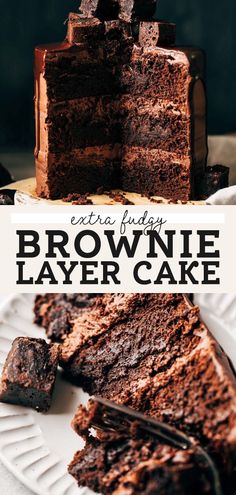 chocolate brownie layer cake on a white plate