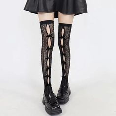 𝔇𝔢𝔱𝔞𝔦𝔩𝔰: Style: Kawaii, Kawaii Goth, Egirl Material: Lace & Spandex Quantity: 1 pair Highlights: Features the bow-tie decoration & fishnets tights Easy to style with platform shoes and adds warmth to your body Enjoy free shipping with a purchase of over 80$ Harajuku Style Black Thigh High Legwear, Black Harajuku Style Thigh High Hosiery, Black Thigh High Harajuku Style Hosiery, Black Fitted Harajuku Stockings, Fitted Black Harajuku Stockings, Harajuku Style Thigh-high Stretch Stockings, Stretch Black Harajuku Legwear, Harajuku Style Black Stretch Legwear, Black Harajuku Style Stretch Legwear