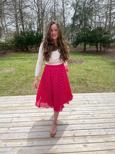 "Tag says size 8, fits true to size. waist: 13\" (with stretch) hips: 25\" length: 33\"" Spring Skirt With Polka Dot Pattern And Elastic Waistband, Polka Dot Lined Midi Skirt, Polka Dot Relaxed Midi Skirt, Flowy Polka Dot Midi Skirt, Relaxed Knee-length Polka Dot Skirt, Spring Polka Dot Midi Skirt, Polka Dot Pleated Skirt For Spring, Knee-length Polka Dot Flowy Skirt, Polka Dot Knee-length Flowy Skirt