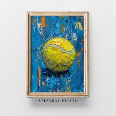 an abstract painting of a tennis ball on a blue and yellow background with the words stendral prints above it