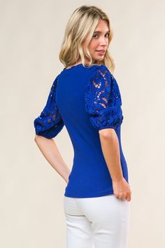 Indulge in the sophisticated allure of our ribbed knit top that boasts a round neckline and contrasting lace short sleeve. Elevate your wardrobe with this elegant and exclusive piece.Details:Self : 93% Cotton 7% SpandexSize & Fit- Model is 5`7" And Wearing Size Small- Measurements Taken From Size Small- Approx. Length: 24" Stretch Lace Top With Short Sleeves, Chic Pointelle Knit Short Sleeve Top, Chic Short Sleeve Pointelle Knit Top, Elegant Short Sleeve Pointelle Knit Top, Elegant Crew Neck Short Sleeve Top For Spring, Elegant Crew Neck Top In Pointelle Knit, Elegant Lace Knit Top For Spring, Fitted Knit Lace Top For Spring, Chic Stretch Lace Top With Short Sleeves