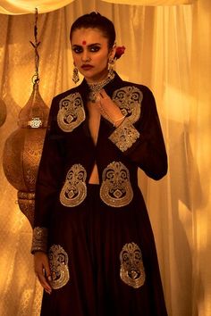 Black full sleeve jacket with gold marodi embroidery in floral placement pattern and mandarin collared neckline. Paired with pant. - Aza Fashions Long Sleeve Bandhgala For Parties And Festivals, Long Sleeve Party Outerwear With Intricate Embroidery, Traditional Wedding Sets For Fall, Traditional Fall Wedding Sets, Anarkali Long Sleeve Festive Outerwear, Wedding Sets With Zari Work For Fall, Festive Party Outerwear With Gold Embroidery, Fall Wedding Sets With Zari Work, Designer Long Sleeve Dabka Choli