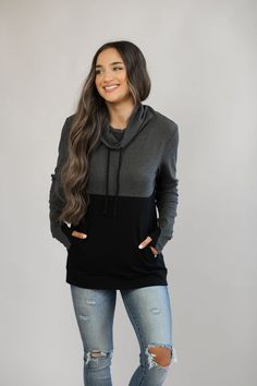 This is our #1 selling NURSING SWEATSHIRT and it comes in many color combos! The main reasons: the QUALITY fabric, LOOSE fit, and the TRENDY design! The material is super soft and washes great!**Nursing opening is hidden along the colorblock line. It's one long zipper with pulls on both sides, making it super easy to nurse (for any size chest). **Two-tone thumbholes**95% cotton, 5% spandex**Machine wash**Fits true to size with a roomy fit. Size down if between sizes.MODEL: Size 2, 5'6 and is wea Nursing Sweatshirt, Nursing Hoodie, Womens Sweatshirts, Nursing Tops, Nursing Clothes, Dark Black, Color Combos, Dark Gray, Sweatshirts Women