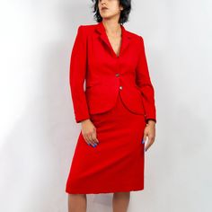 70s/80s red wool skirt suit / 29 m medium / tailored red blazer / professional red blazer / 70s professional suit / vintage professional great vintage condition - mild wear from agefound in: denverbrand: the villagertag size: 16fits like a modern: m model is 5'8" and measures 39x31x42. she is a modern m / l. skirt is a little tightmeasurements:topbust - 38inwaist - 36inlength - 23inshoulder - 15insleeve - 23inskirtwaist - 29inhip - 42inlength - 28inmaterial: wool origin: usacolors: redinstagram - feverdreamdenver Red Fitted Wool Suit, Fitted Red Wool Suit, Red Wool Suit For Workwear, Red Wool Suits For Workwear, Red Wool Suits For Work, Fitted Red Blazer For Office Wear, Red Winter Office Suits, Red Wool Blazer For Semi-formal Occasions, Red Long-sleeve Skirt Suit For Office