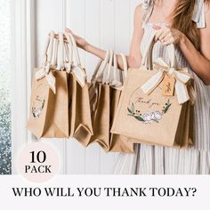 a woman holding two bags with the words 10 pack who will you thank today?