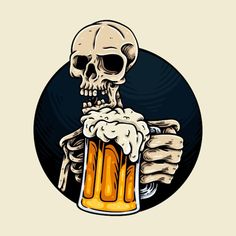 a skeleton holding a beer mug in his hand