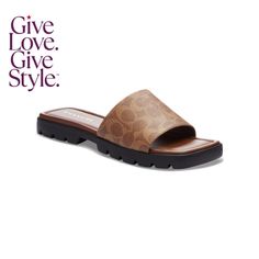 in stock Luxury Coach Sandals For Spring, Coach Luxury Open Toe Sandals, Luxury Open Toe Coach Sandals, Coach Brown Open Toe Sandals, Chic Coach Open Toe Sandals, Designer Coach Sandals, Coach Brown Flat Sandals, Coach Open Toe Sandals With Cushioned Footbed, Chic Brown Coach Sandals