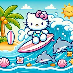 a hello kitty surfing with dolphins and palm trees in the background on a sunny day