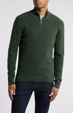 Shaker stitching brings a lofty feel to this sporty quarter-zip sweater knit from cashmere-kissed cotton yarn. Quarter-zip closure Stand collar Long sleeves Ribbed cuffs and hem 95% cotton, 5% cashmere Machine wash, dry flat Imported Casual Wool Half-zip Sweater, Green Half-zip Fall Sweater, Casual Cashmere Half-zip Sweater, Casual Half-zip Cashmere Sweater, Casual Wool Sweater With Zipper Closure, Knit Half-zip Sweater With Ribbed Collar, Knit Sweater With Ribbed Collar And Half-zip, Casual Funnel Neck Sweater With Zipper, Quarter Zip Sweater