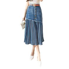 Introducing the 2023 Spring-Summer Collection's pleated women's denim skirt ââ‚?a stylish and conventional piece for the couture trendsetter!Why This 20th-century-Inspired Skirt Is A Must-HaveThis mid wash denim skirt is patterned for the woman who loves to express her fashion sense with bold yet classic trend. It features a high-waisted cut that accentuates your curves and pleats at the waistline that adds a subtle but powerful flourish. To complete the look. this skirt is finished with a butto Summer Denim Knee-length Skirt, Trendy Long Denim Skirt For Summer, Spring Knee-length Lined Denim Skirt, Chic Knee-length Denim Skirt For Summer, High Waist Denim Blue Skirt For Spring, Spring Denim Knee-length Skirt, Knee-length Blue Denim Skirt For Summer, Spring Medium Wash Knee-length Skirt, Fitted Knee-length Denim Skirt For Summer