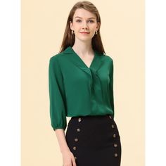 The collar flows down the front of the shirt and blends in but gives some depth. The details of the v-neck give dimension to the piece. It can be paired with slacks or a skirt and even a blazer. It's a top that you can wear to work and there are a lot of nice details so it would look nice on a zoom call. Workwear just got interesting - this updated plain blouse features an on-trend ruffle front design completed with a classic collar 3/4 sleeves. Tuck it into tailored trousers or jeans for a drin Spring V-neck Shirt For Office Wear, Spring Formal V-neck Shirt, Solid Color Half Sleeve Office Top, Office Half-sleeve Solid Color Tops, Office Half Sleeve Tops, Spring V-neck Office Blouse, Solid V-neck Office Tops, Spring V-neck Blouse For Office, Solid V-neck Tops For Office