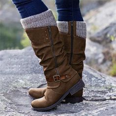 Knight Boots Autumn And Winter Women's Boots High Tube Plus Size AMAIO Orthopedic Shoes Stylish, Hak Tinggi, Anna Karina, Low Heel Boots, Orthopedic Shoes, Round Toe Shoes, Zipper Boots, Winter Snow Boots, Winter Boots Women