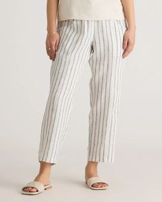 100% European Linen Tapered Ankle Pants Relaxed Fit Flax Bottoms With Straight Leg, Casual Straight Leg Flax Bottoms, Comfortable White Linen Bottoms, Effortless Linen Ankle-length Bottoms, Casual Flax Relaxed Fit Pants, Comfortable Relaxed Fit Linen Pants, Casual Relaxed Fit Flax Pants, Comfortable Linen Tapered Leg Pants, Relaxed Fit Linen Bottoms