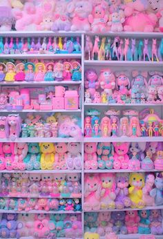 shelves filled with lots of different types of toys