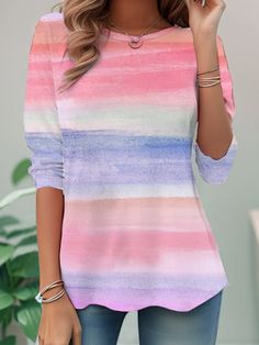 Come to Zolucky to buy T-shirts at a discounted price, SPU: 2941T-8A42B0, Color: Pink, Material:Jersey, Pattern:Abstract stripes. Long Sleeve Tops With Horizontal Stripes For Summer, Long Sleeve Striped Tops For Summer, Multicolor Rainbow Print Tops For Spring, Trendy Multicolor Tops With Rainbow Print, Trendy Striped Tops With Letter Print, Casual Multicolor Letter Print Tops, Multicolor Long Sleeve Tops With Rainbow Print, Casual Horizontal Stripe Crew Neck Top, Multicolor Horizontal Stripe Tops For Spring