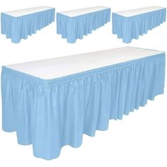 blue table cloths with white top and skirting on the bottom, set of four