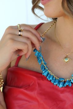 Add a pop of color to your outfit with our Riviera Necklace! Featuring stunning turquoise stones on a delicate gold chain, this necklace is sure to catch the eye and add a playful touch to any look. Fun and eye-catching, it's the perfect accessory for a quirky and unique style! Adjustable sizes Lead & Nickel Free Adjustable up to 25". Please be aware that due to the unique and handmade nature of each product, colors, shapes, and sizes may vary slightly from the photos and descriptions. Turquoise Adjustable Chain Necklace, Adjustable Turquoise Chain Necklace, Turquoise Charm Necklace With Adjustable Chain, Turquoise Jewelry With Adjustable Chain For Party, Turquoise Gold-plated Necklace With Adjustable Chain, Turquoise Gold Plated Necklace With Adjustable Chain, Riviera Necklace, Bar Card, Delicate Gold Chain