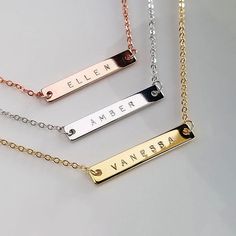 "Sterling Silver Custom Bar Necklace Personalized Name Necklace Engraved Monogram Necklace Christmas Gift Coordinates Necklace for Women This beautiful Sterling silver bar necklace is effortlessly gives a chic and glamorous look. The whole necklace has been plated with real gold, so you don't have to worry about the quality, if you're giving it as a gift to the special people in your life, or adding it to your other high quality jewelry pieces. This personalized Necklace is simply perfect for Gi Anniversary Nameplate Charm Necklace With Adjustable Chain, Elegant Silver Rectangular Bar Necklace, Adjustable Nameplate Necklace For Birthday, Adjustable Chain Nameplate Necklace For Birthday, Elegant Customizable Rectangular Name Necklace, Birthday Nameplate Necklace With Adjustable Chain, Rose Gold Nameplate Necklace For Birthday Gift, Elegant Name Necklace With Rectangular Pendant, Elegant Nameplate Charm Necklace For Birthday