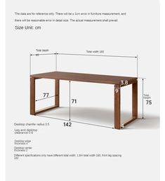 the table is shown with measurements for it