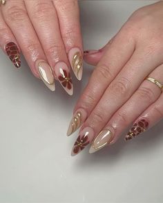 follow for more. #nails Brown Nails With Gold, Autumn Brown Nails, Nails With Gold Accents, Beautiful Fall Nails, Pumpkin Patches, Sweater Nails, Soft Nails, Nails Only, Pretty Nail Art