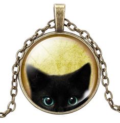 Vintage cat picture glass pendant necklace with a silver bronze chain. Black Cat Pictures, Bronze Chain Necklace, Black Cat Necklace, Cat Picture, Cat Pendant Necklace, Vintage Pendant Necklace, Images Vintage, Cat Pendants, Photo Vintage