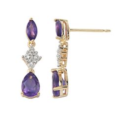 Shine on wearing these linear drop earrings. Oval- and pear-cut African amethyst stones and diamond accents catch the light for a magnificent glow. Tie in a gold pendant and your ensemble is complete. Gold-over-sterling silver construction provides amazing luster. Details: 9/10-in. length Pierced Post backings 18k gold over sterling silver Image(s) may be enlarged to show detail. Diamond weights are approximate. Diamond Total Weights may vary between .01 and .08 ct. Some diamonds consist of fewe Beautiful Diamond Earrings, Platinum Earrings, Amethyst Stones, Colorless Diamond, Sterling Silver Drop Earrings, White Gold Earrings, Yellow Gold Earring, Shine On, Silver Drop Earrings