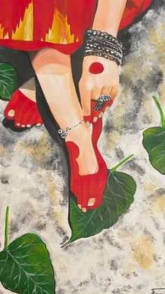 a painting of a woman's feet with red shoes and bracelets on top of green leaves