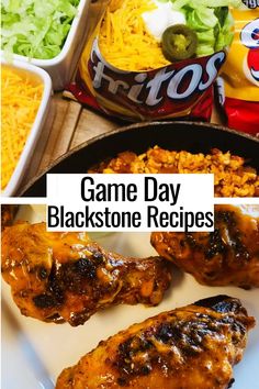 game day blackstone recipe with chicken, rice and coleslaw in the background