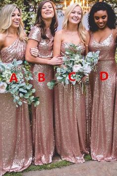 the bridesmaids are all dressed in pink sequins