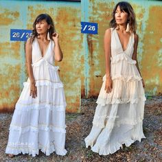 Handmade ruffled raw cotton dress with lining. Was $139 now on sale $105 Decorate with lace. Deep v neck, elastic at the back. 2 colors cream and white, Measurements: Bust 32 up to 38 inches. Hip Free Length 56.5 inches. CARE: Machine wash cold. Beach Floor-length Maxi Dress With Ruffles, Floor-length Ruffled Maxi Dress For Beach, Cream Tiered Flowy Maxi Dress, Flowy Tiered Cream Maxi Dress, Summer Cream Maxi Dress With Ruffles, Beige Summer Maxi Dress With Ruffles, Sleeveless Ruffled Dress For Beach Wedding, Flowy Cream Maxi Dress With Ruffles, Floor-length Ruffled Maxi Dress For Wedding