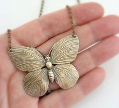 Vintage Necklace - Butterfly Necklace - Brass Necklace - Butterfly Jewelry - Statement Necklace - handmade jewelry Handmade Gold Bohemian Butterfly Necklace, Butterfly Charm Brass Jewelry Gift, Brass Jewelry With Butterfly Charm For Gift, Vintage Handmade Butterfly Necklace, Handmade Gold Butterfly Necklace, Vintage Gold Butterfly Jewelry, Handmade Bohemian Butterfly Necklace As Gift, Nickel-free Butterfly Brass Jewelry, Nickel-free Brass Butterfly Jewelry