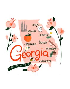 the state of georgia is shown with flowers and other things to see on this map