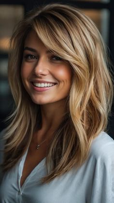 Blonde Women Hairstyles, Mid Length To Long Hair Styles, Medium Length Hair With Rounded Layers, Hair Ideas Long Haircuts, 360 Medium Haircut, Candace Cameron Bure Hairstyles Long, Sophisticated Long Hairstyles, Blond Over 50, Medium Womens Hairstyles