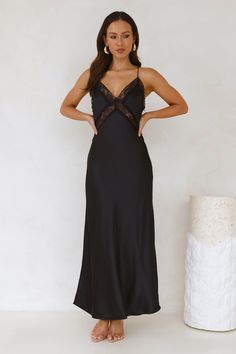 Length from bust to hem of size S: 126cm. Chest: 40cm, Waist: 38cm, across front only of size S. Maxi dress. Lined, unlined lace panels. Model is a standard XS and is wearing size XS. True to size. Non-stretch. V-neck. Lace details, unlined. Zipper. Cold hand wash only. Polyester. An ultra-romantic style! The Ultimate Love Satin Slip Maxi Dress features a silky satin design, lace panels and a straight flowy silhouette that we're in love with. Style with heels and curls for all the likes. Satin Noir, Bridal Shower Dress, Shower Dresses, Dress Satin, Dresses Backless, Maxi Dress Wedding, Satin Slip, Long Sleeve Lace Dress, Lace Panelled