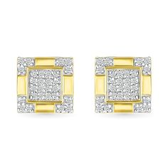 He'll enjoy the sophisticated yet modern details of these square-shaped multi-diamond frame four-corner accent stud earrings. Fashioned in warm 10K gold Each earring features a square-shaped diamond composite in a polished frame. Trios of diamonds adorn the corners of the stepped outer frame to complete the design. These 1/6 ct. t.w. diamond post earrings secure comfortably with friction backs. Rectangular Yellow Gold Earrings With Diamond Accents, Luxury Square Earrings For Formal Occasions, Rectangular Diamond White Earrings With Diamond Accents, Luxury Yellow Gold Square Earrings, Formal Rectangular Diamond Earrings With Accents, Rectangular Diamond Earrings With Accents For Formal Events, Luxury Rectangular Diamond Cut Earrings, Luxury Rectangular Diamond Earrings With Accents, Diamond Frame