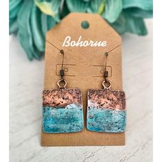 Beautiful hammered copper plated earrings with hand painted turquoise, patina,silver and white colors on plated copper hooks. No two pairs is alike Blue Artisan Copper Earrings, Artisan Blue Copper Earrings, Artisan Turquoise Earrings In Copper, Artisan Turquoise Copper Earrings, Turquoise Artisan Electroformed Earrings, Bohemian Blue Copper Earrings, Hammered Copper Turquoise Jewelry, Turquoise Hammered Copper Jewelry, Turquoise Copper Earrings