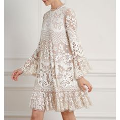 Worn Once - In Excellent Condition Chic Beige A-line Lace Dress, Elegant Long Sleeve Neutral Mini Dress, Luxury Cream Party Dress, Elegant Neutral Mini Length Dress, Chic Beige Long Sleeve Lace Dress, Beige Long Sleeve Lace Evening Dress, Elegant Long Sleeve Cream Lace Dress, Luxury White Dresses With Ruffles, Luxury Beige Dresses For Spring