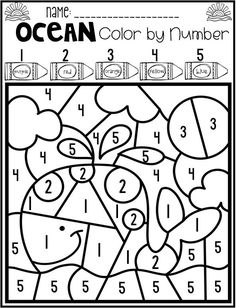 an ocean themed color by number worksheet for kids to learn numbers and colors