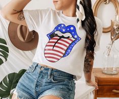 Usa Lips Shirt - 4th Of July Tshirt - Roling America Lips Tee - HighCiti Lips Shirt, Party Shirts, Low Cut, Racerback Tank, 4th Of July, Grey And White, White And Black, Eco Friendly, Lips