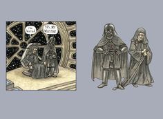 two pictures of darth vader and his companions