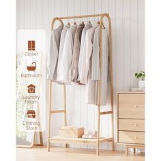 a clothes rack with clothing hanging on it