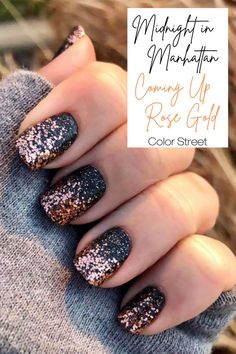 Black Nails Rose Gold Glitter, Black Nails And Glitter, Black Nails With Rose Gold Glitter, Black With Rose Gold Nails, Coming Up Rose Gold Color Street Combo, Gold And Gray Nails, Color Street Coming Up Rose Gold, Rose Gold Nails Ideas, Colorstreet Fall Mixed Mani