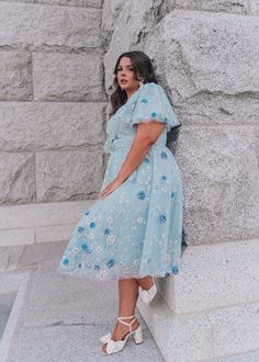 Blue Lace Dresses With Floral Applique, Blue Lace Dress With Floral Applique, Feminine Blue Dresses With Floral Embroidery, Light Blue Lace Midi Dress For Spring, Light Blue Midi Dress With Floral Embroidery, Blue Floral Embroidered Midi Dress For Garden Party, Blue Midi Dress With Floral Embroidery For Garden Party, Sequined Knee-length Midi Dress For Spring, Spring Short Sleeve Sequin Dresses