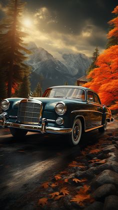 an old car is parked on the side of a road in front of some trees