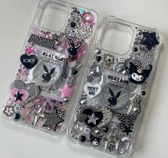 two cell phones with different designs on them sitting next to each other, one is covered in sequins and the other has an embellishment