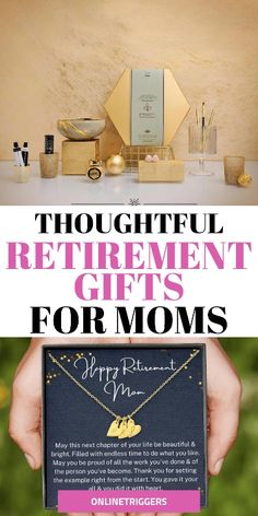 a woman holding a gift box with the words thoughtful retirement gifts for mom on it